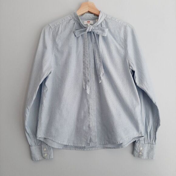 LEVI'S 100% Cotton Bow Neck Tie Button Down Top Pinstripe Sz M - Picture 2 of 16
